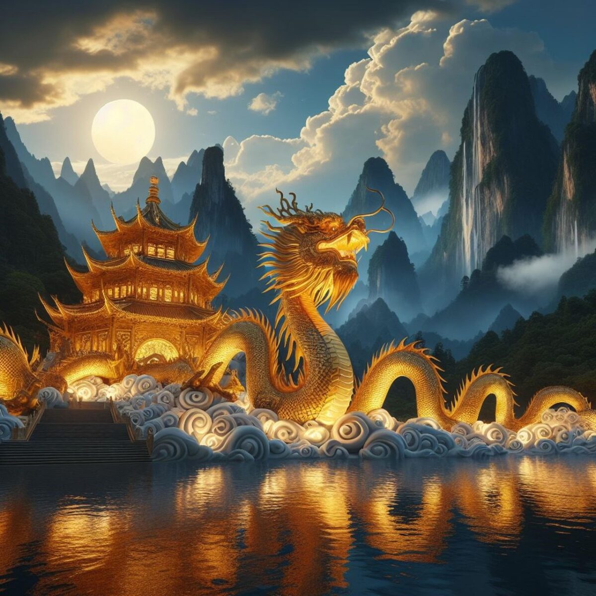 ai generated, mountains, dragon, castle, chinese new year, ancient china, china, ancient, asia, culture, architecture, terrain, mountain range, lagoon, nature, landscape, background